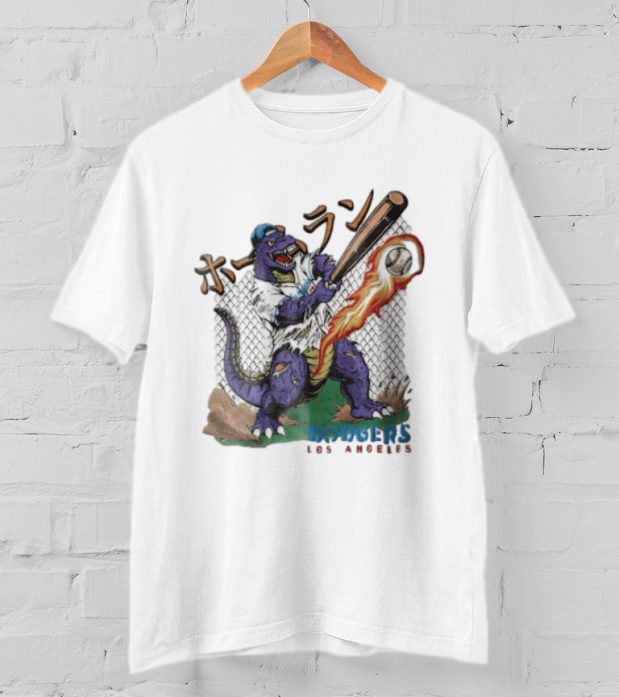 Dodgers Los Angeles Purple Dinosaur Baseball Player Batting With Flaming Ball T-Shirt