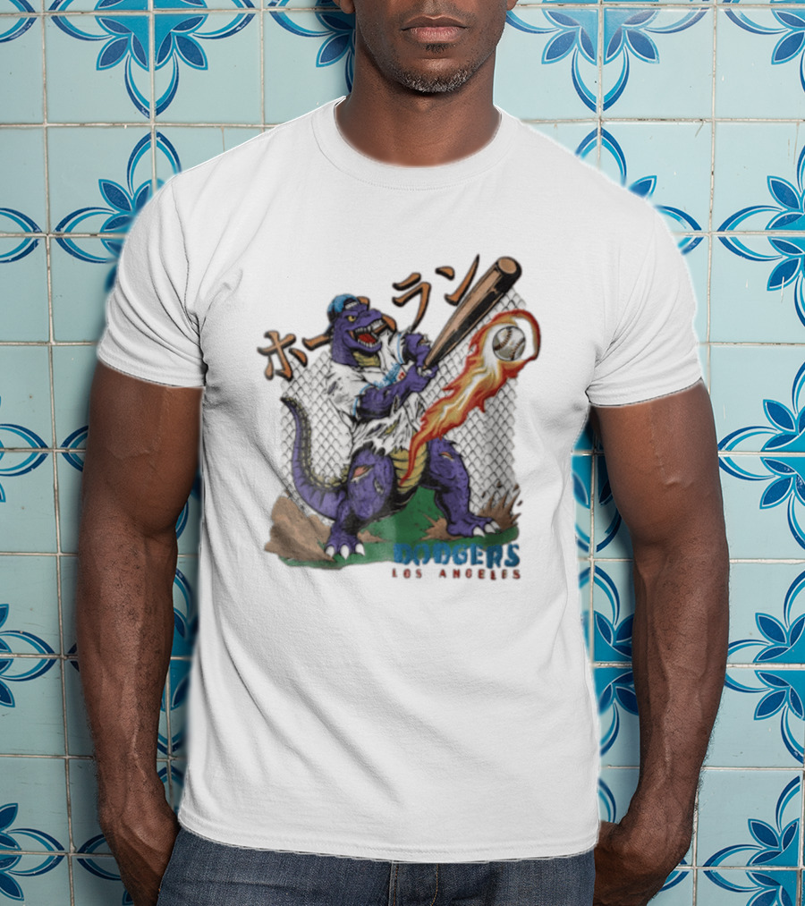 Dodgers Los Angeles Purple Dinosaur Baseball Player Batting With Flaming Ball T-Shirt