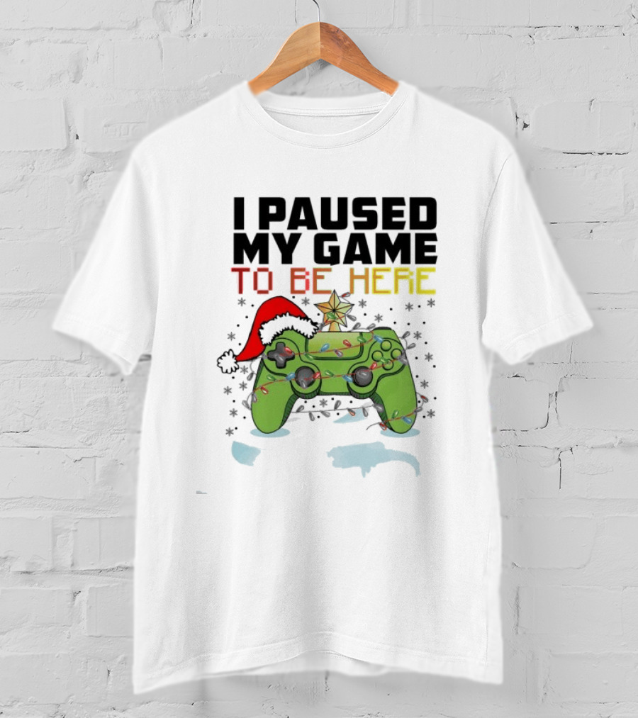 I Paused My Game To Be Here Christmas Gamer Controller Holiday Lights Santa Hat T-Shirt