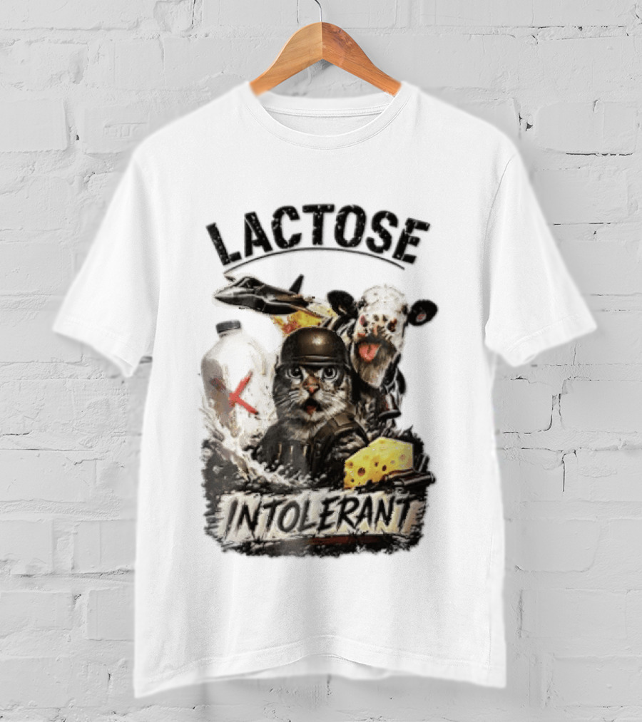 Lactose Intolerant Cat Soldier Cow Milk Cheese Jet T-Shirt