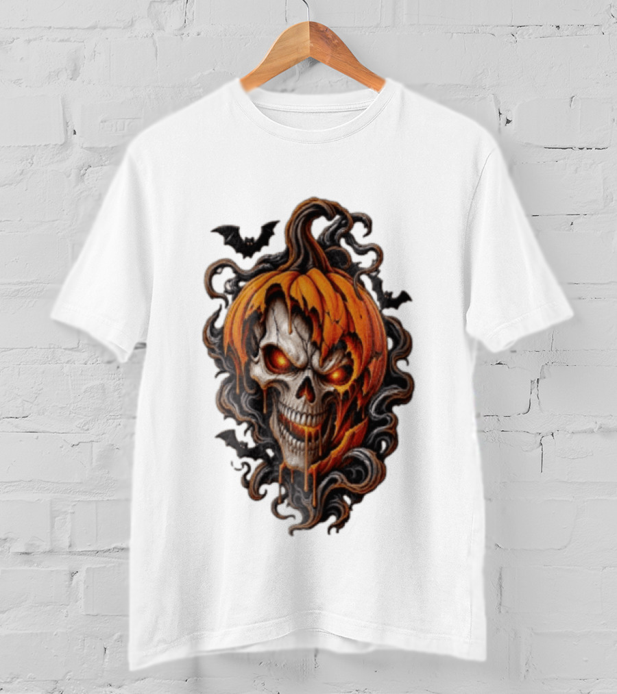 Skull Rage Halloween Pumpkin With Bats And Flames T-Shirt