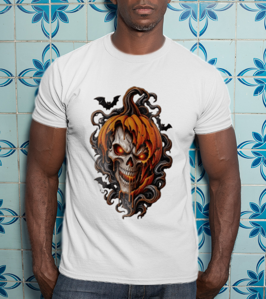 Skull Rage Halloween Pumpkin With Bats And Flames T-Shirt