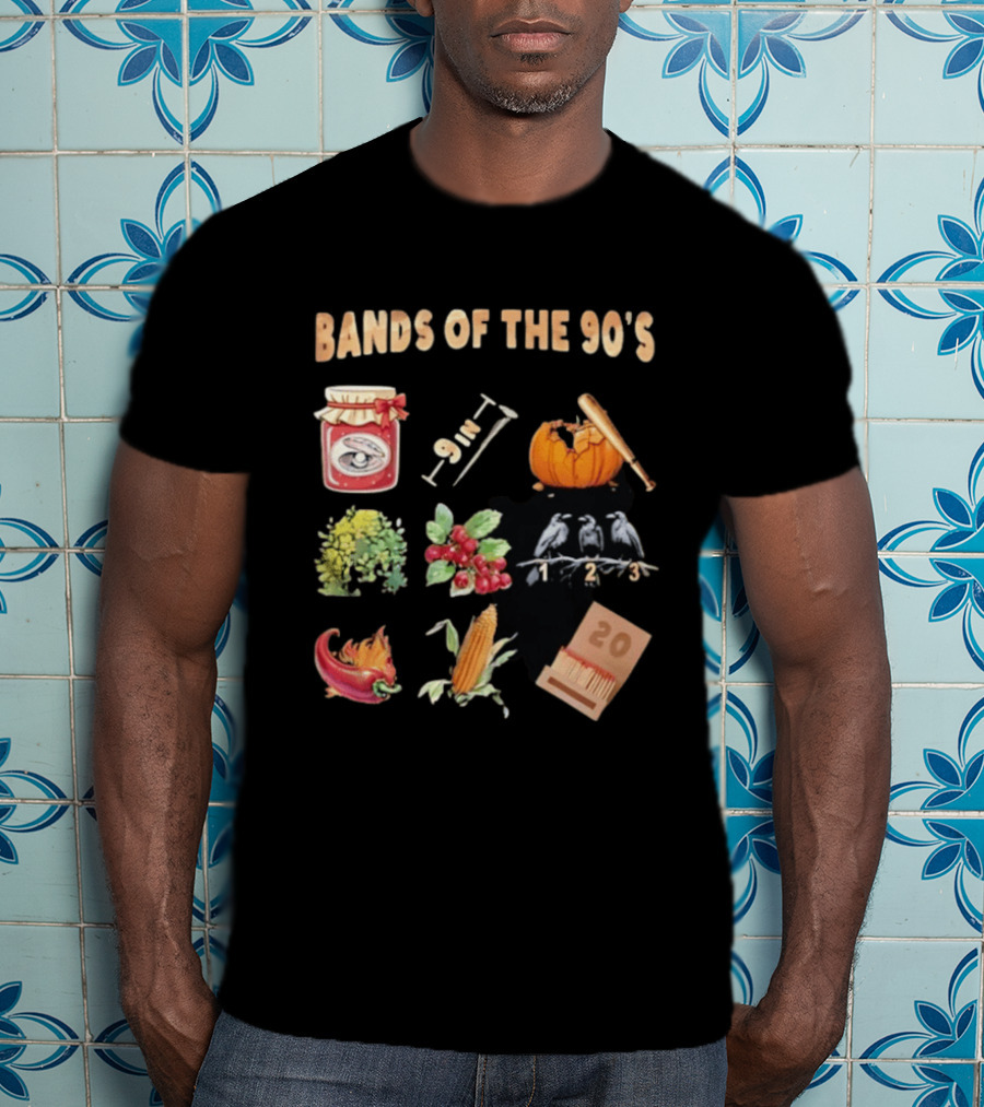 Bands Of The 90's Jar Corn Crows Matches Pumpkin 9in Chili Peppers Bush Berries T-Shirt