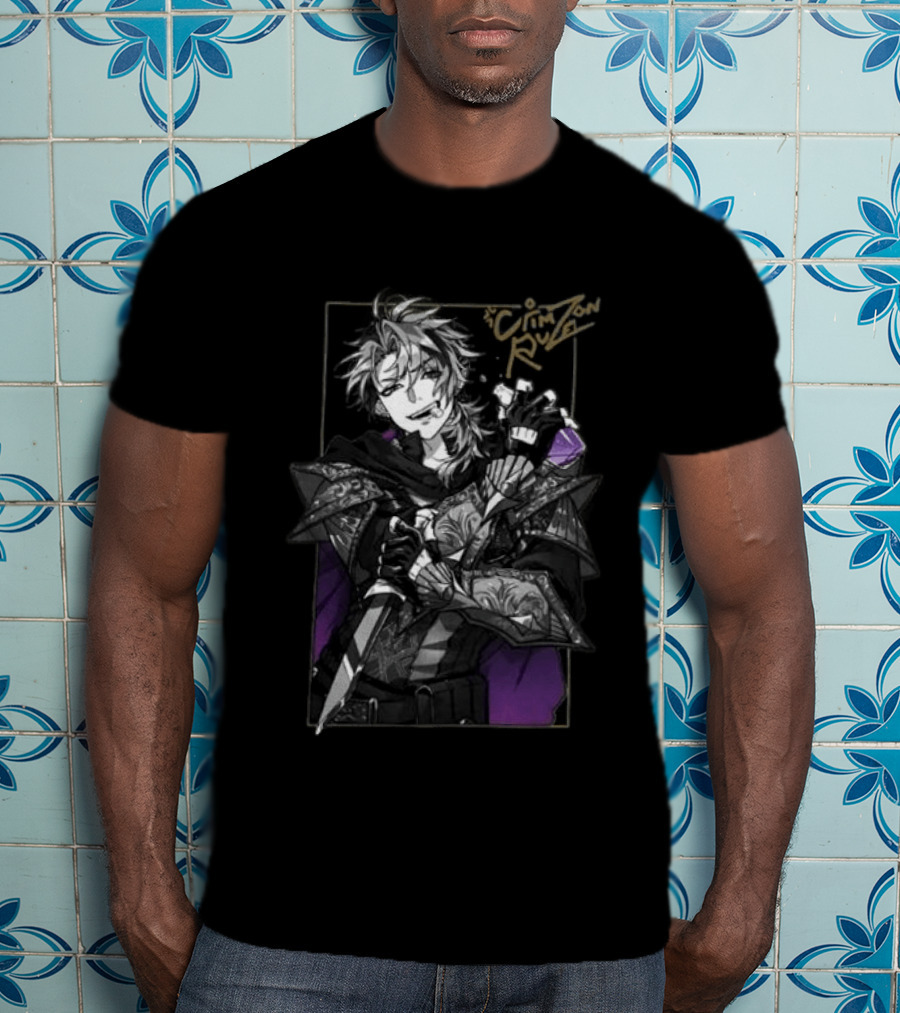 Gamer Supps Store Crimzon Ruze Medieval Warrior Character With Sword And Intricate Armor T-Shirt
