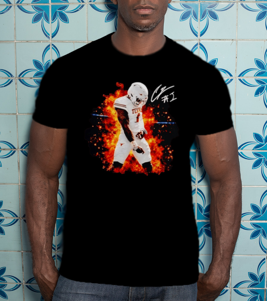 Colin Simmons Texas Longhorns Football Flames And Signature T-Shirt