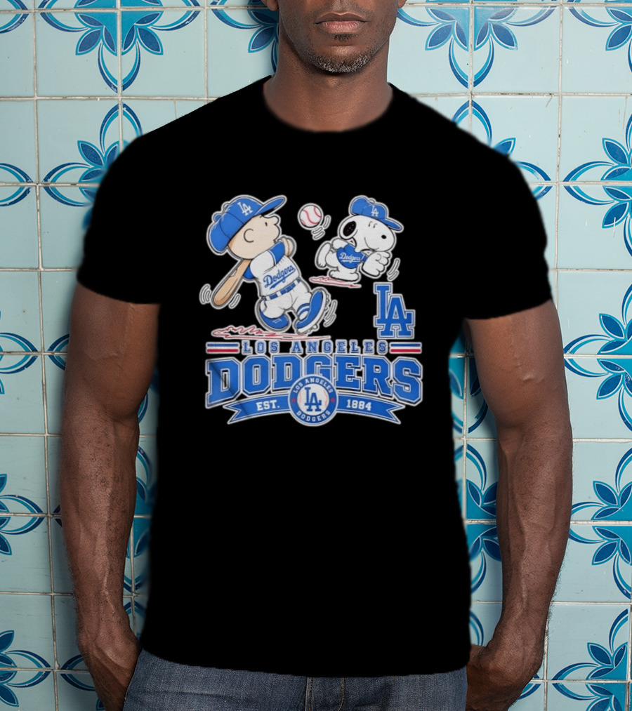 Peanuts Charlie Brown Snoopy Los Angeles Dodgers Baseball Est 1884 T-Shirt