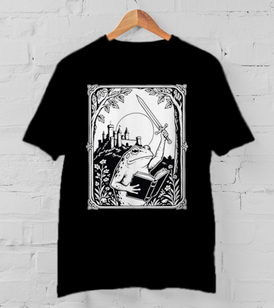 Warrior Frog Reading Book With Sword And Castle In Black And White Scene T-Shirt