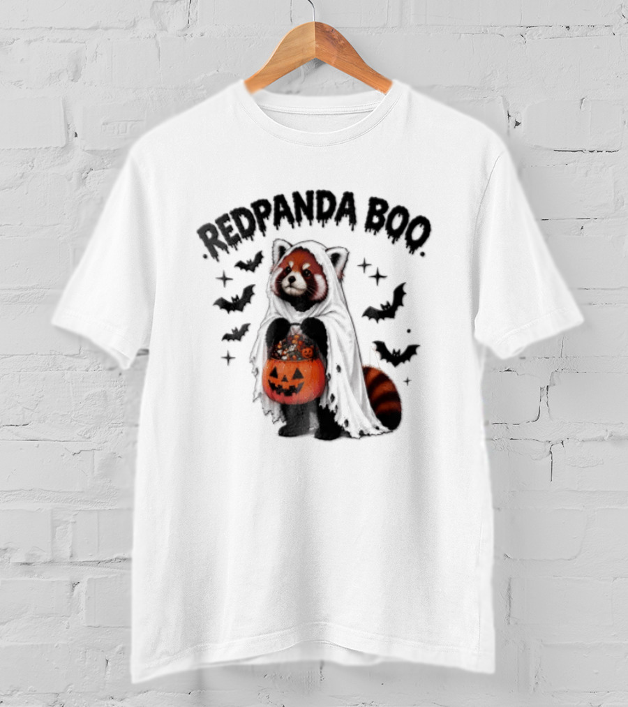 Redpanda Boo Cute Red Panda Costume With Pumpkin Candy Bucket And Bats T-Shirt