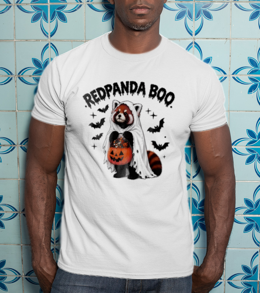 Redpanda Boo Cute Red Panda Costume With Pumpkin Candy Bucket And Bats T-Shirt