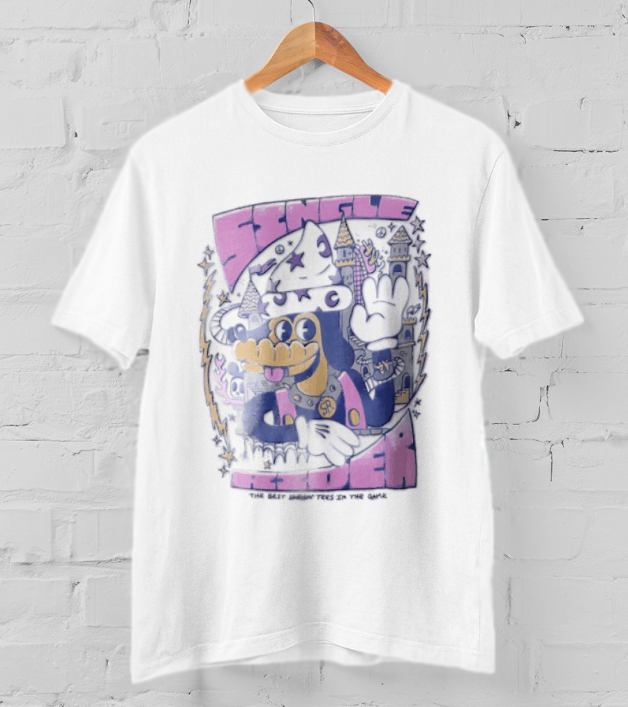 Single Rider Cartoon Dog Wizard With Hat And Spiked Collar Retro Fantasy Scene T-Shirt