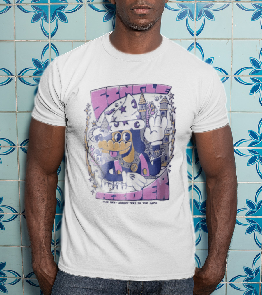 Single Rider Cartoon Dog Wizard With Hat And Spiked Collar Retro Fantasy Scene T-Shirt
