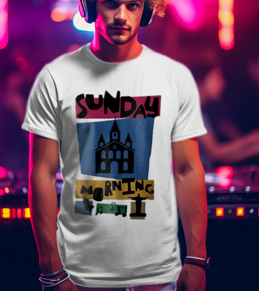 Sunday Morning Church Building Praying Hands Musical Notes Christ The Redeemer T-Shirt