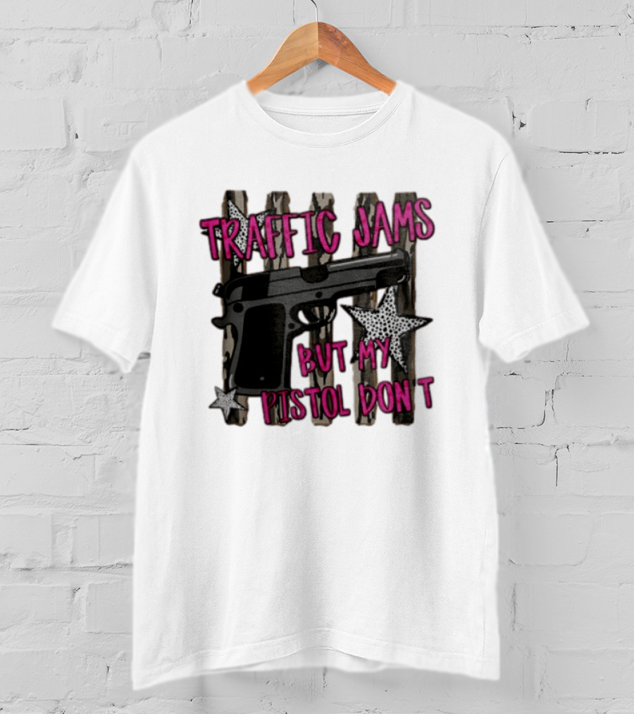Traffic Jams But My Pistol Don't Handgun Over Stripes Leopard T-Shirt