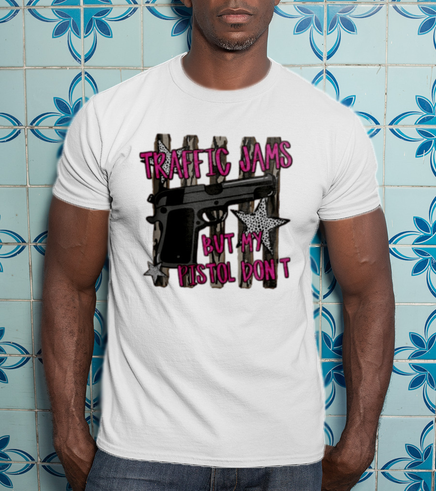 Traffic Jams But My Pistol Don't Handgun Over Stripes Leopard T-Shirt