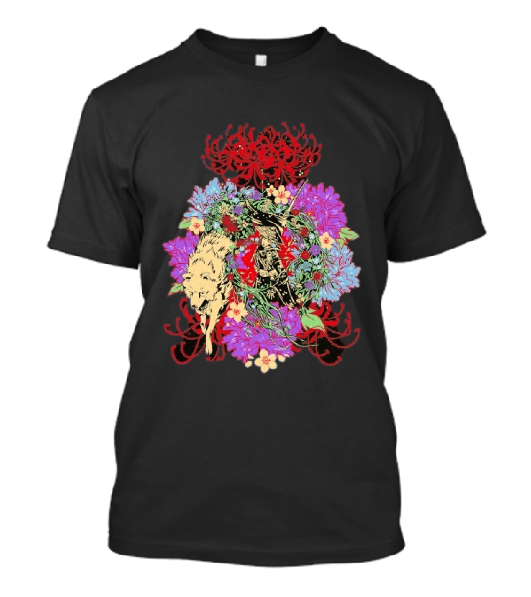 Beast Of Reincarnation Blooming Artistic Floral Samuraи Wolf Fusion T-Shirt