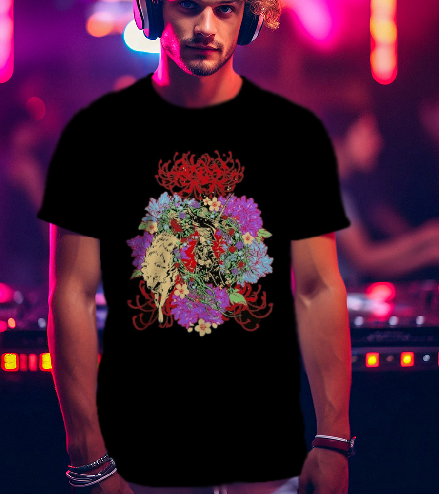 Beast Of Reincarnation Blooming Artistic Floral Samuraи Wolf Fusion T-Shirt