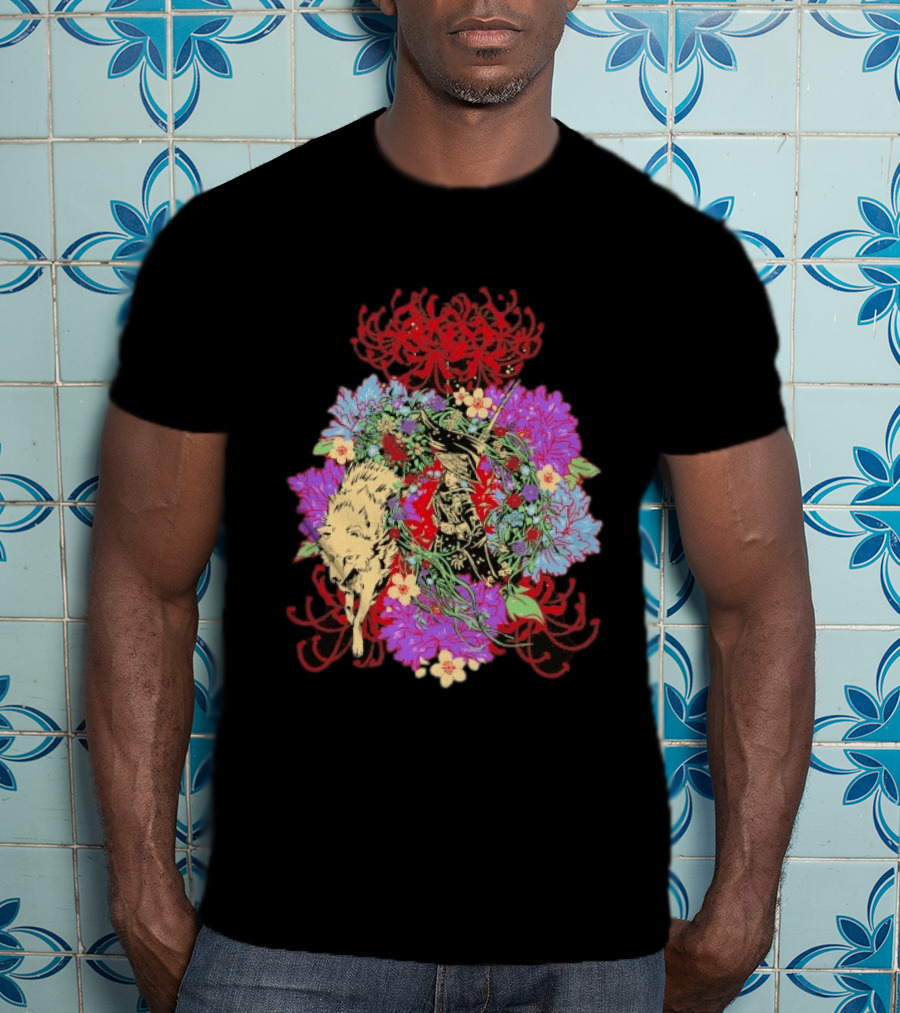 Beast Of Reincarnation Blooming Artistic Floral Samuraи Wolf Fusion T-Shirt