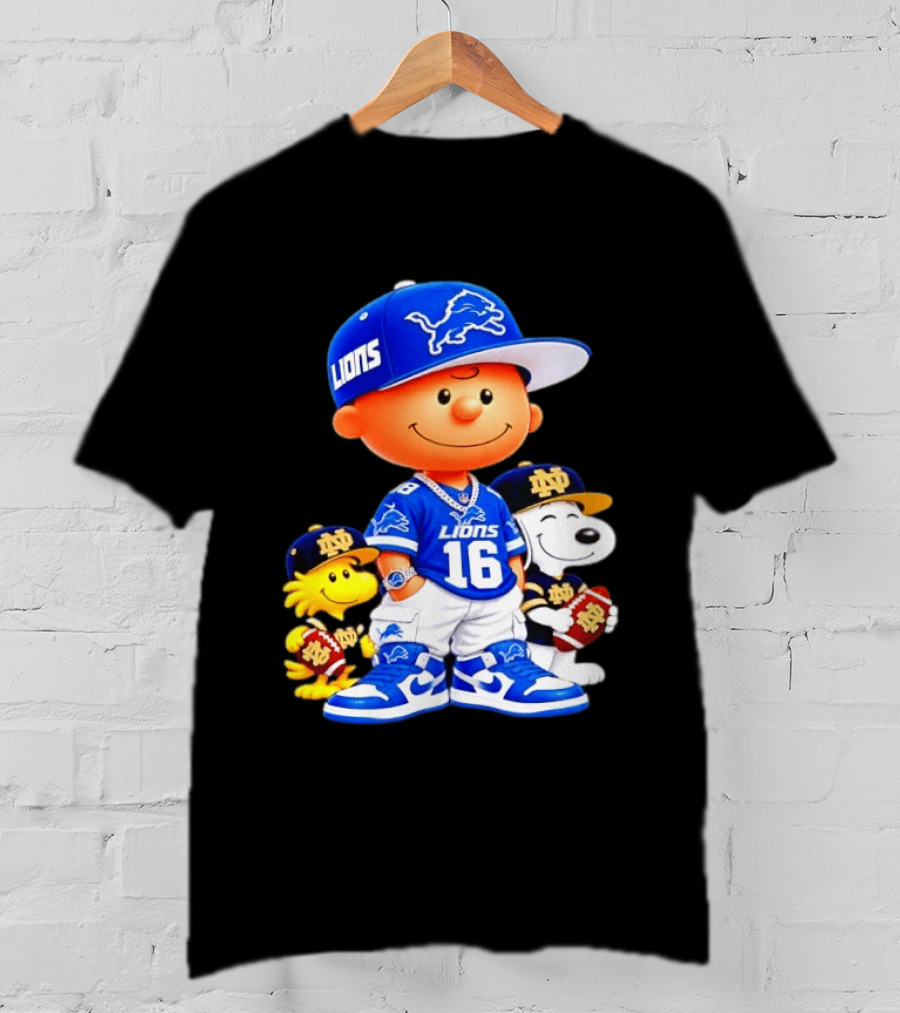 Charlie Brown Snoopy Woodstock Detroit Lions 16 Jersey Notre Dame Iconic Peanuts Characters T-Shirt