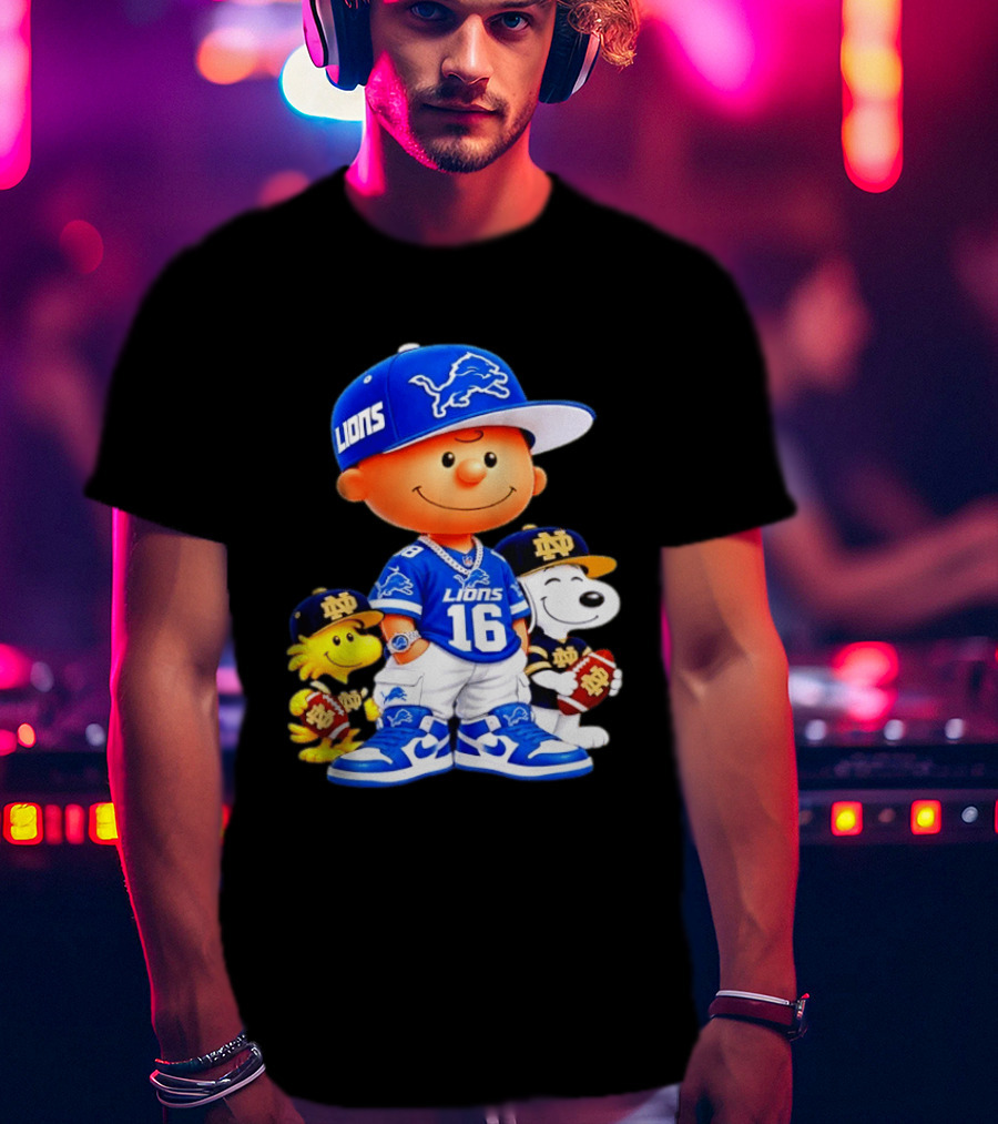 Charlie Brown Snoopy Woodstock Detroit Lions 16 Jersey Notre Dame Iconic Peanuts Characters T-Shirt
