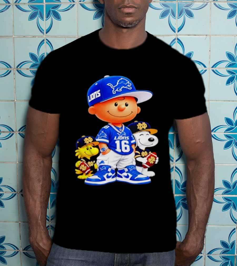 Charlie Brown Snoopy Woodstock Detroit Lions 16 Jersey Notre Dame Iconic Peanuts Characters T-Shirt