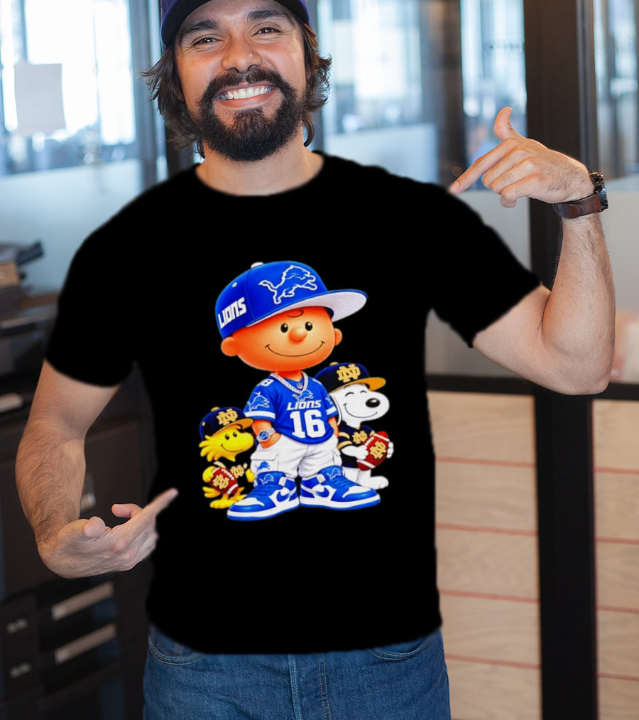 Charlie Brown Snoopy Woodstock Detroit Lions 16 Jersey Notre Dame Iconic Peanuts Characters T-Shirt