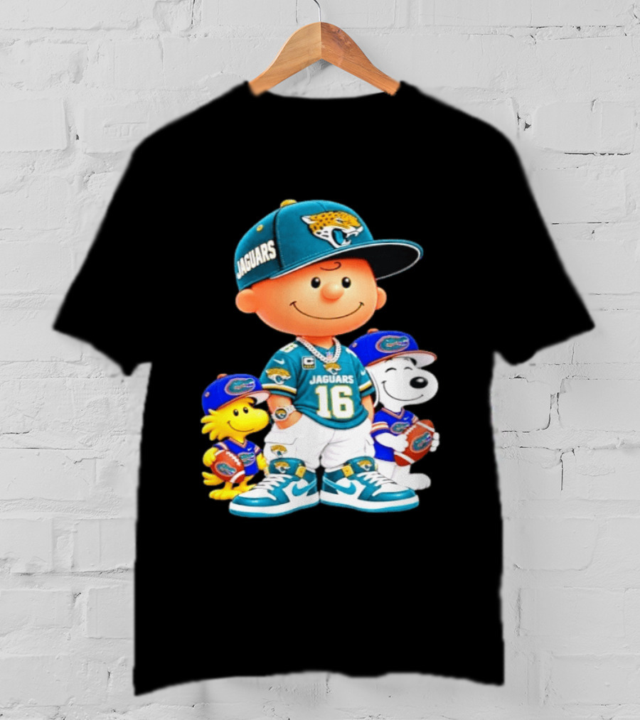 Charlie Brown With Snoopy And Woodstock Jacksonville Jaguars 16 Jersey Peanuts Football Fan Gear T-Shirt