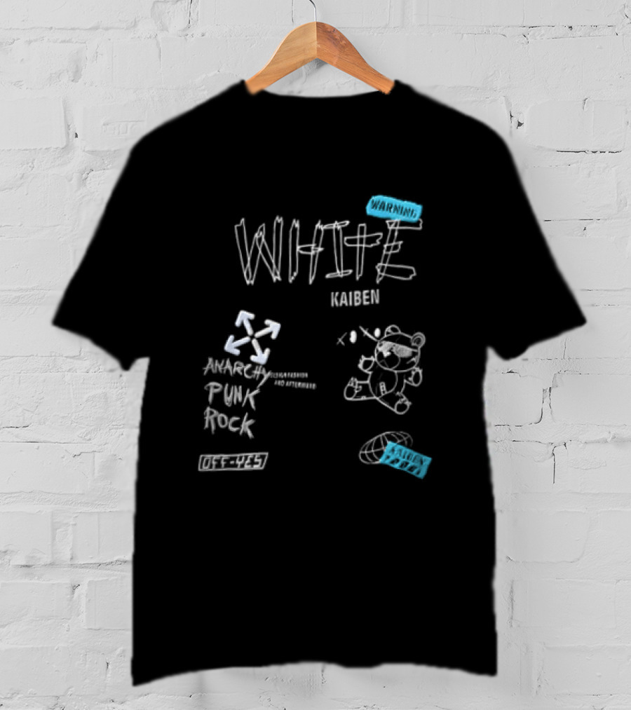 Kaiben White Cartoon Bear With Arrow Symbols And Blue Tape T-Shirt