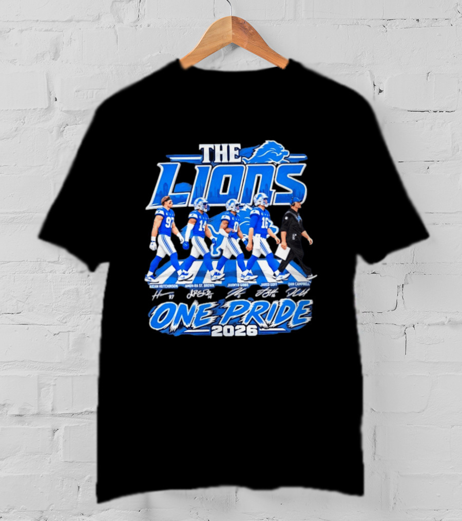 Detroit Lions The Lions One Pride Abbey Road 2026 Aidan Hutchinson Jahmyr Gibbs Jared Goff Dan Campbell T-Shirt