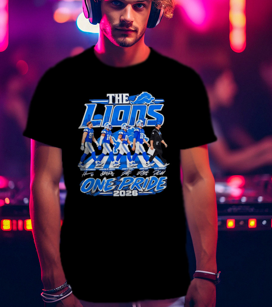 Detroit Lions The Lions One Pride Abbey Road 2026 Aidan Hutchinson Jahmyr Gibbs Jared Goff Dan Campbell T-Shirt