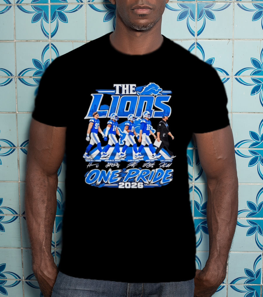 Detroit Lions The Lions One Pride Abbey Road 2026 Aidan Hutchinson Jahmyr Gibbs Jared Goff Dan Campbell T-Shirt