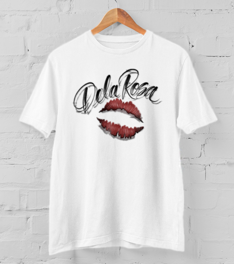 Dela Rosa Airbrushed Black Cursive Lettering Large Red Lips T-Shirt