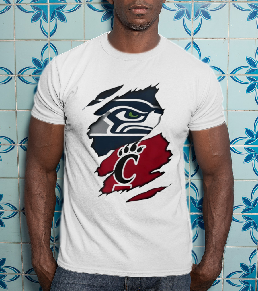 Seattle Seahawks Cincinnati Bearcats Ripped Fabric Fan T-Shirt