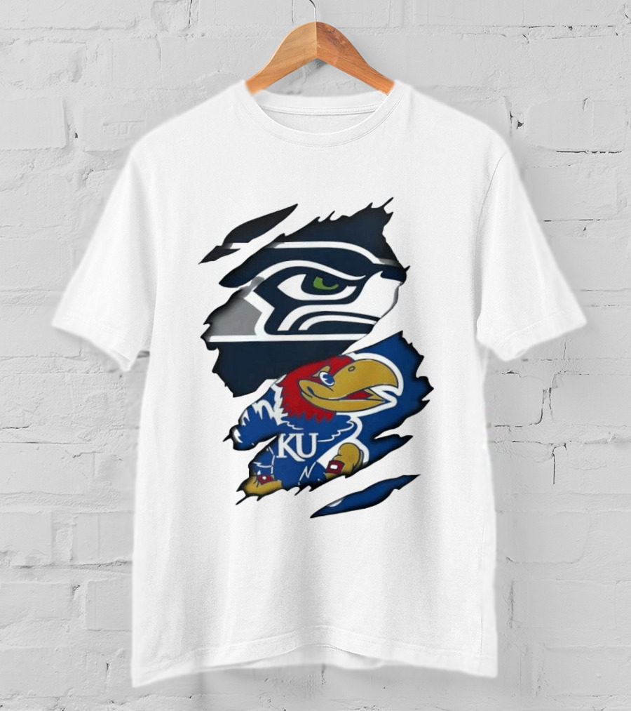 Seattle Seahawks And Kansas Jayhawks Torn Fabric Football And Basketball Fan Merchandise T-Shirt