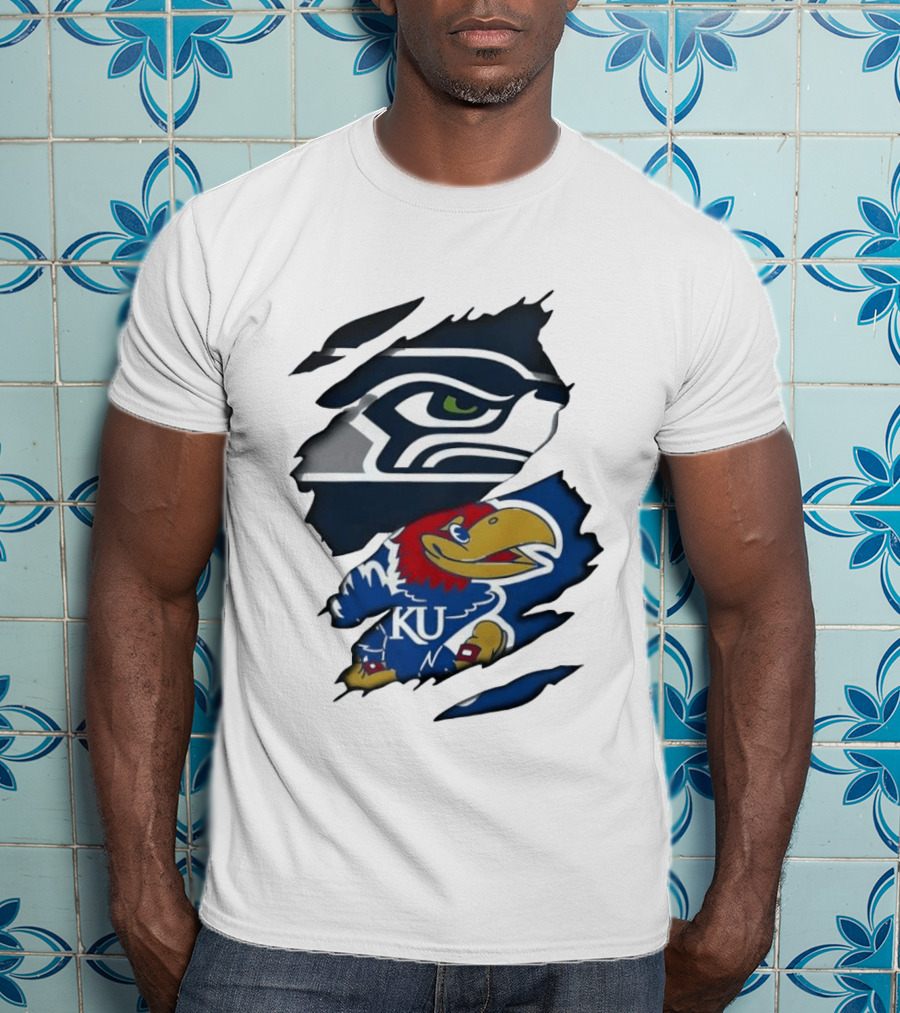 Seattle Seahawks And Kansas Jayhawks Torn Fabric Football And Basketball Fan Merchandise T-Shirt