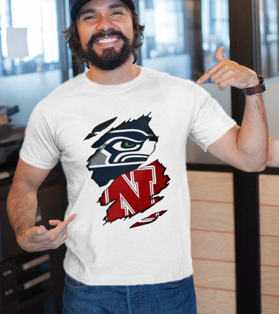 Seattle Seahawks And Nebraska Cornhuskers Split Torn Fabric Blend T-Shirt