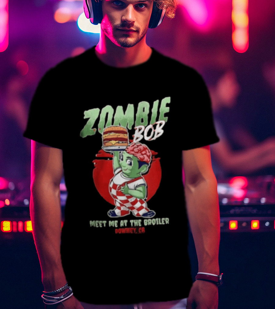Zombie Bob Meet Me At The Broiler Downey CA Green With Exposed Brain T-Shirt