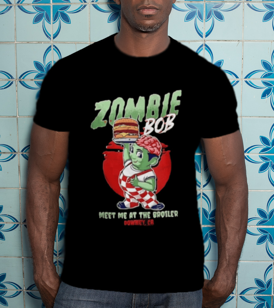 Zombie Bob Meet Me At The Broiler Downey CA Green With Exposed Brain T-Shirt