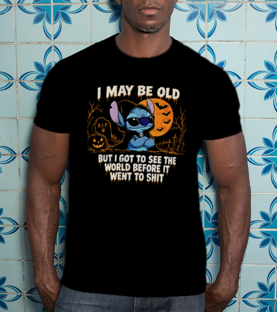 I May Be Old But I Got To See The World Before It Went To Shit Halloween RIP Pumpkin Bat Stitches T-Shirt