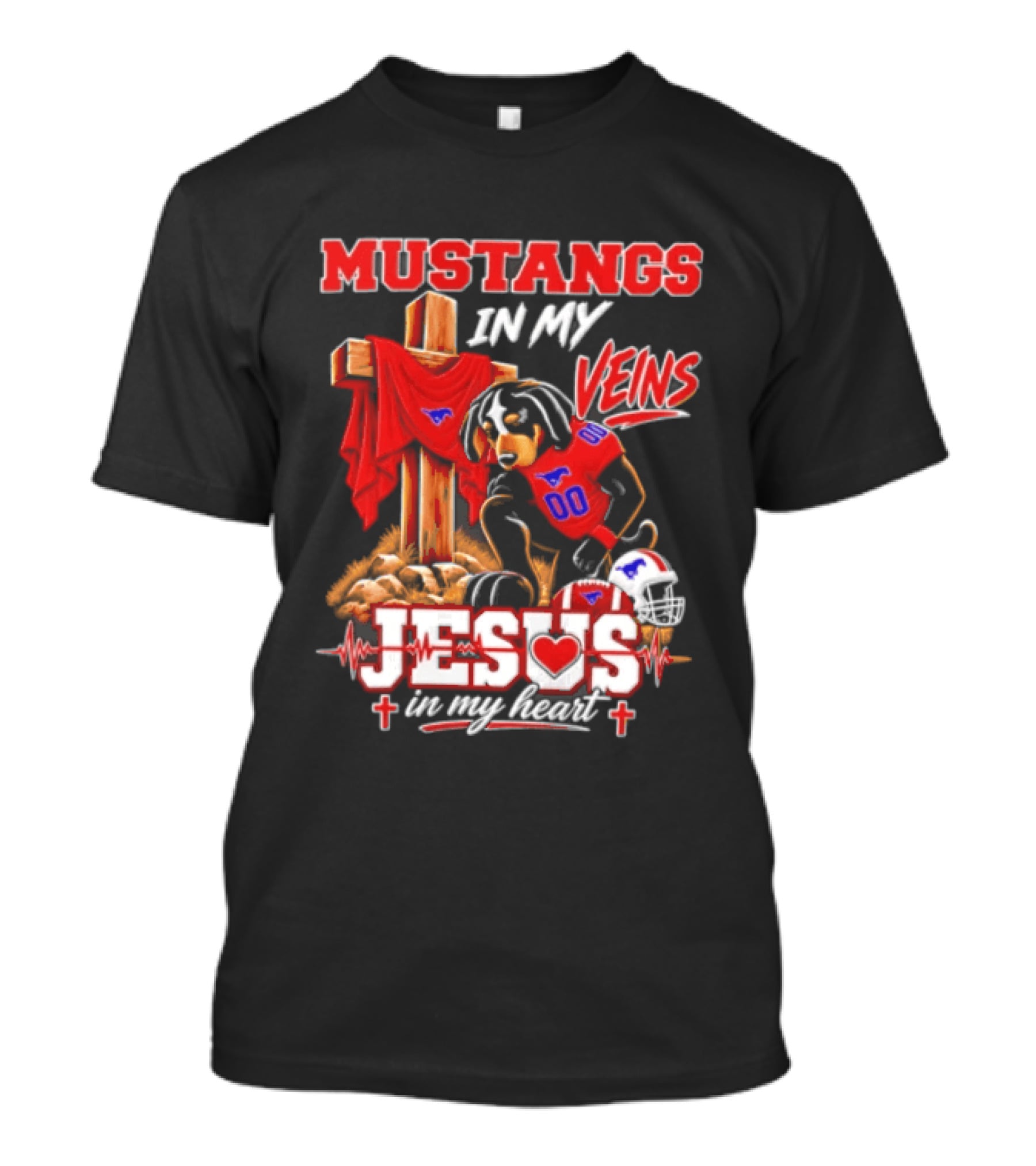 Mustangs In My Veins Football Faith Jesus In My Heart T-Shirt