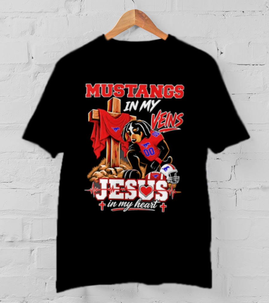 Mustangs In My Veins Football Faith Jesus In My Heart T-Shirt