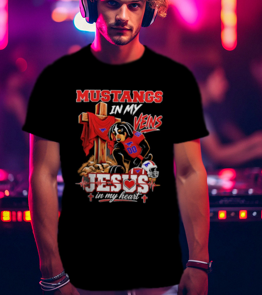 Mustangs In My Veins Football Faith Jesus In My Heart T-Shirt