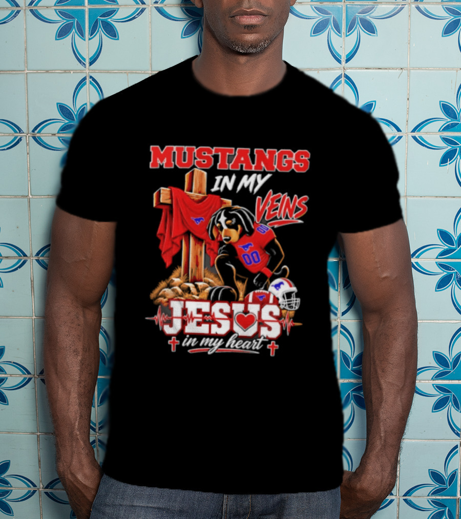 Mustangs In My Veins Football Faith Jesus In My Heart T-Shirt