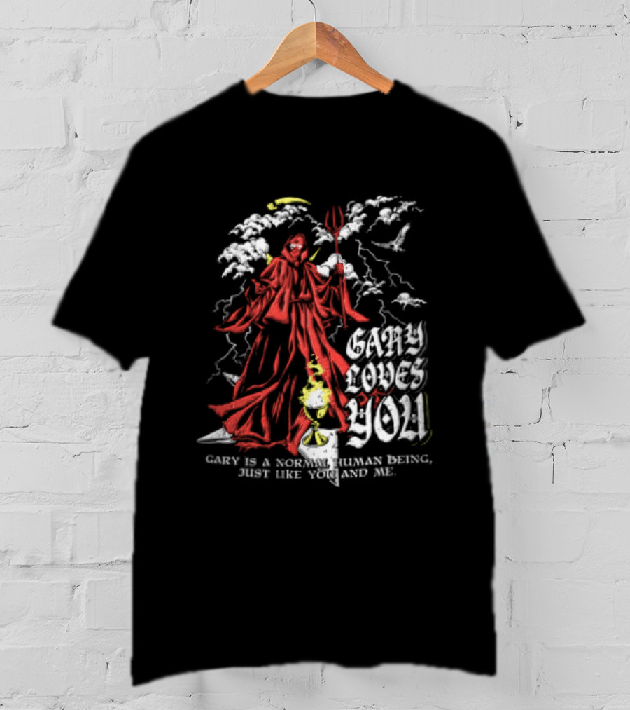 Gary Loves You Gary Is A Normal Human Being Just Like You And Me Red Cloaked Figure With Lightning And Clouds T-Shirt