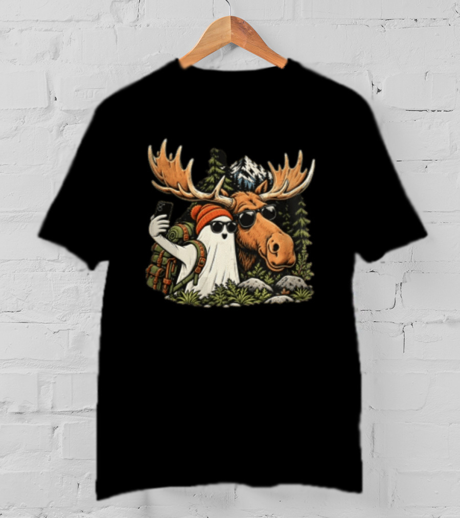 Ghost Backpack Selfie With Moose In Forest Adventure Scene T-Shirt