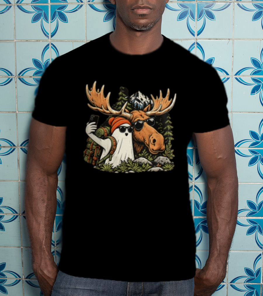 Ghost Backpack Selfie With Moose In Forest Adventure Scene T-Shirt