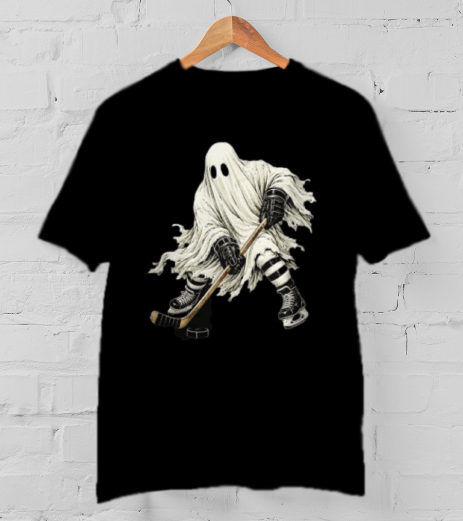 Halloween Ghost Playing Ice Hockey Costume Fun T-Shirt