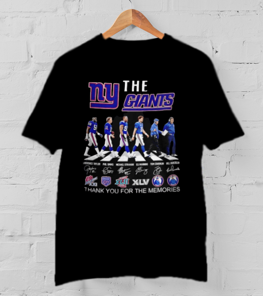 New York Giants Legends Lawrence Taylor Phil Simms Michael Strahan Eli Manning Tom Coughlin Bill Parcells Thank You For The Memories T-Shirt