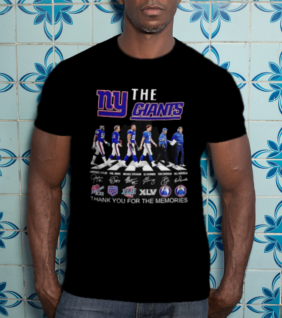 New York Giants Legends Lawrence Taylor Phil Simms Michael Strahan Eli Manning Tom Coughlin Bill Parcells Thank You For The Memories T-Shirt