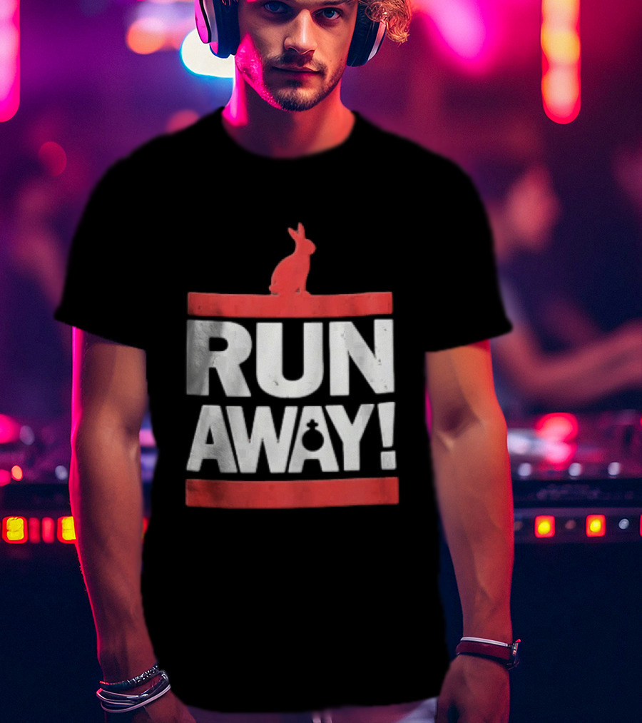 RUN AWAY Rabbit Bold Text And Red Accents T-Shirt