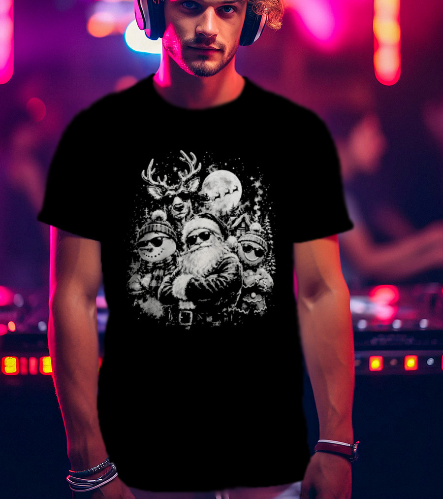 Santa Claus Reindeer Snowman Gingerbread Man Christmas Holidays Moon T-Shirt